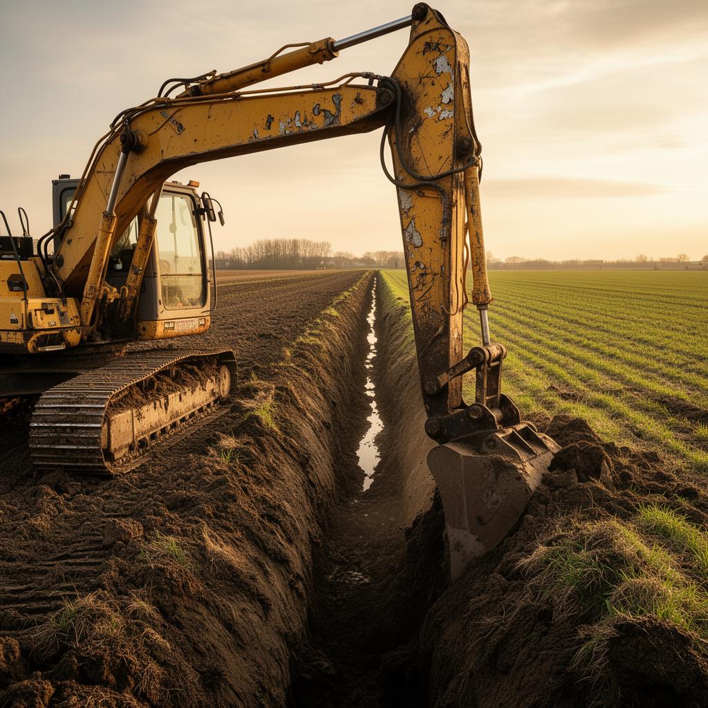 Drainage ditch construction with excavator