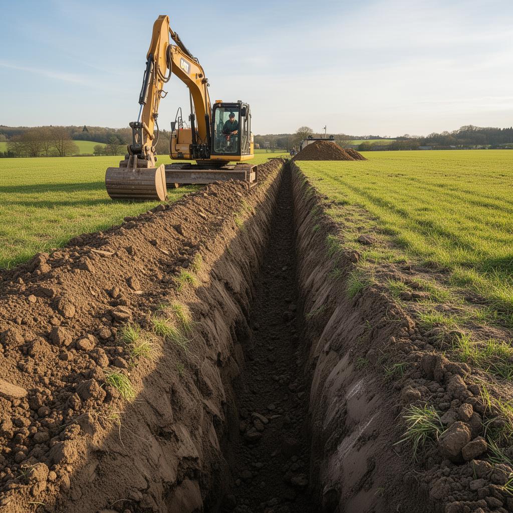 Drainage ditch construction with excavator