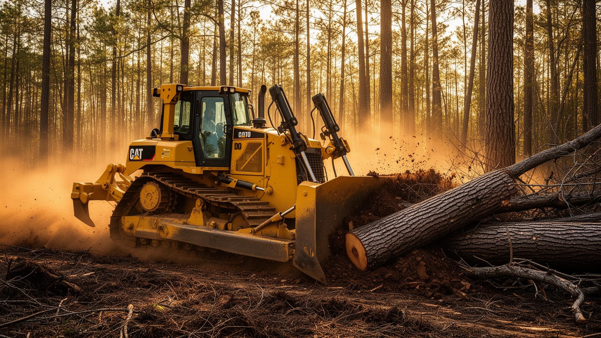 Dozer clearing pine forest at sunset
