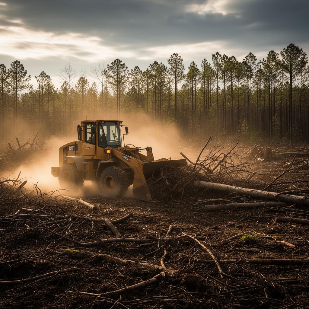 Wheel loader clearing brush